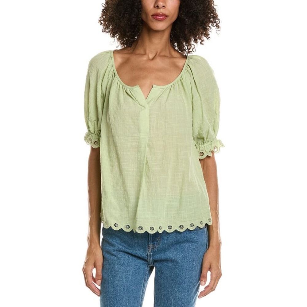 Max Studio Womens  Scallop Edge Bubble Sleeve Blouse, Brown